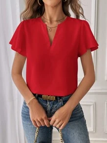 SHEIN Essnce Women's Casual Commute Solid Color V-Neck Ruffle Sleeve Blouse - Red - View 5