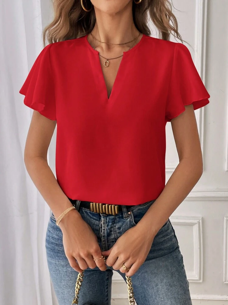 SHEIN Essnce Solid Color Notch V-Neck Short Sleeve Casual