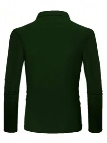 Manfinity Mode 大码男士休闲格子拼布 Polo 衫，秋季 - 墨綠色 - 查看 2