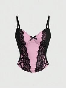 ROMWE Goth Y2K Sexy Contrast Lace Waist Drawstring Decor Cami Top, New Year Party, For Valentine's Day - Pink - View 1