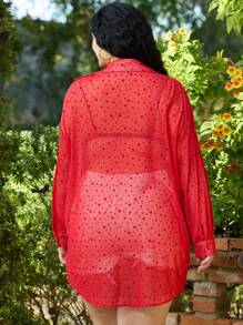 SHEIN EZwear Valentine's Day Heart Button Decor Long Sleeve Plus Size Casual Shirt - Red - View 2
