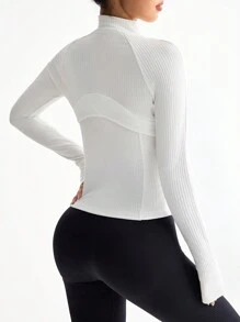SHEIN Women's Plain Color Raglan Sleeve Zipper Front Ribbed Slim Fit Track Jacket - White - View 2