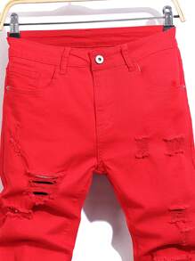 Manfinity LEGND Men's Casual Plain Ripped Jeans, Simple & Fashionable For Everyday Wear - Red - View 3