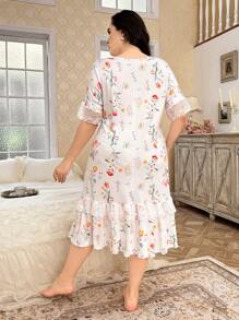 CottageSlumber Plus Size Romantic Floral Lace Patchwork Midi Nightgown - Multicolor - View 2