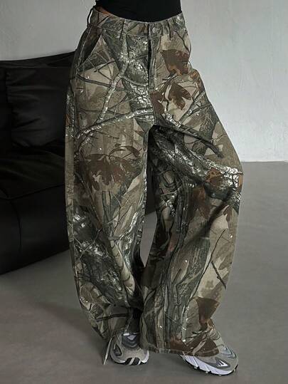 Livesso 1 件女士全印花宽松休闲牛仔裤，简约时尚，适合日常穿着