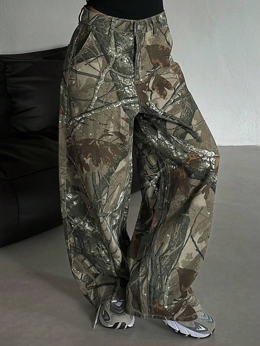 Livesso 1 件女士全印花宽松休闲牛仔裤，简约时尚，适合日常穿着 - 綠色 - 查看 1