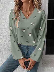 EMERY ROSE Women's V-Neck Floral Print Long Sleeve Casual Shirt, Suitable For Autumn And Winter Chic Blouses For Women
