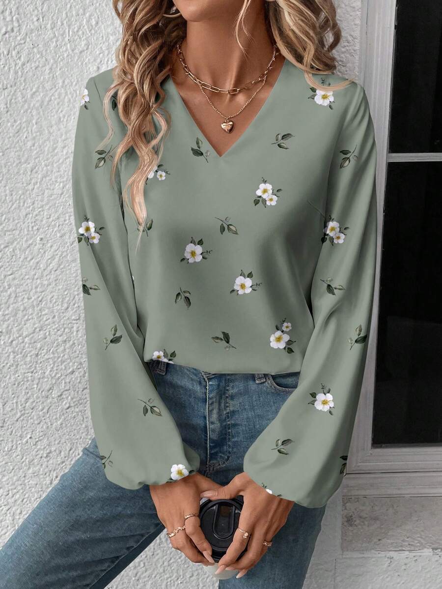 EMERY ROSE Women's V-Neck Floral Print Long Sleeve Casual Shirt, Suitable For Autumn And Winter Chic Blouses For Women