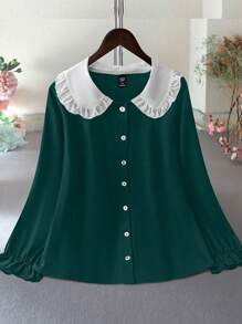 Calvaya Plus Size Color Block Peter Pan Collar Casual Shirt, Autumn