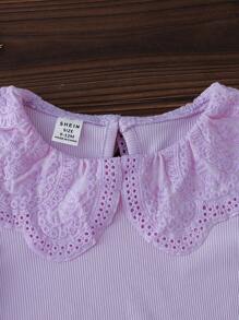 女婴纯色罗纹针织长袖 T 恤，带蕾丝花边领，舒适休闲优雅时尚，适合春秋冬季 - 淡紫色 - 查看 4