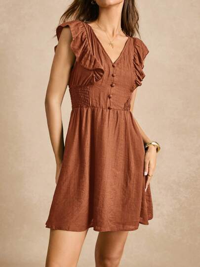 Poéselle Solid Ruffle Trim Button Front A-line Dress