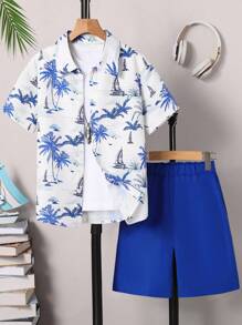 SHEIN Tween Boy Casual Fashionable Palm Tree Print Beach Style Shirt & Shorts Set, Spring/Summer, School, Campus, College - White - View 5