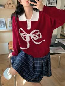 DAZY Women's Round Neck Loose Fit Bow Design Knitted Sweater Fall,Winter - Red - View 6