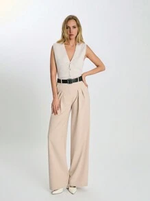 CLARA VERO 女式纯色高腰直筒裤配腰带