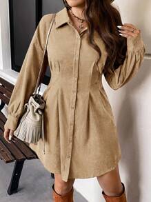 SHEIN VCAY 大码秋冬收腰开衫风格休闲复古连衣裙 - 杏色 - 查看 4