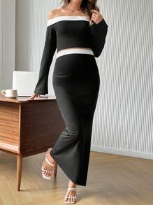 SHEIN Sexy Black & White Contrast Off Shoulder Flared Sleeve Bodycon Split Midi Skirt Dress - Black and White - View 1