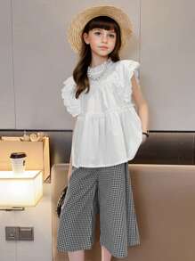 SHEIN 2pcs/Set Tween Girl' New Cap Sleeve Shirt And Plaid Pants Set, - Multicolor - View 5