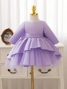 SHEIN Glamorique Kids 圣诞公主女童礼服舞会礼服，女婴长袖缎面连衣裙，带蝴蝶结，薄纱裙，秋冬季，万圣节 - 淡紫色 - 查看 2
