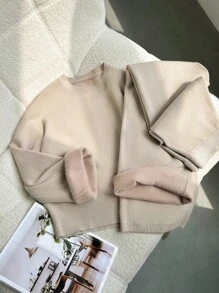 Pariaura 2 件圆领蓬松休闲宽松针织阔腿裤和毛衣套装，时尚秋冬 - 杏色 - 查看 5