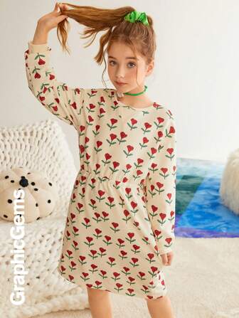 Robe décontractée ample à manches longues et col rond avec imprimé floral, pour jeunes filles, automne