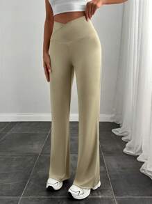 SHEIN Women's Solid V Waist Flare Leg Pants - Beige - View 4