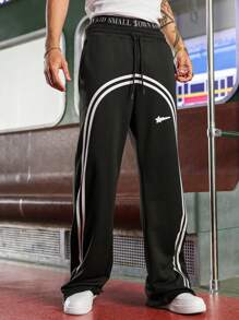 PAVTROS 男士拼布前抽绳口袋休闲运动裤，男士抽绳腰部印花阔腿时尚运动裤，拉链设计男士黑色运动裤男士运动裤黑色图案运动裤健身运动裤带侧条纹，嘻哈街头，男朋友礼物，男士街头服饰