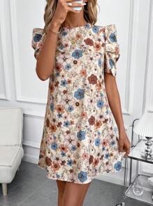 SHEIN Clasi Women's Early Spring Floral Print Short Sleeve Dress,Summer Dresses For Women - Khaki - View 7