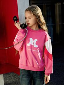 SHEIN Sudadera con cuello redondo y texto gráfico divertido con estilo de bloqueo de color casual urbano para niñas preadolescentes, apropiada para la fotografía callejera urbana y el uso casual diario - Multicolor - Ver 1