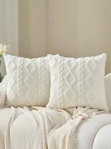 装饰性仿羊毛枕套，柔软短毛绒方形图案靠垫套，现代沙发装饰，家居卧室，宿舍使用，秋季装饰，秋季装饰，房间装饰 - 白色 - 查看 2