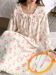 DAZY Tulip Pattern Flannel Thickened Loose Nightgown Pajama,Thermal Lined Fall,Winter - Pink - View 1