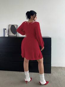 Flirla Women A-Line Drawstring Boat Neck Casual Sweater Dress, Autumn/Winter Fall Cloth For Women - Burgundy - View 2