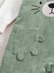 SHEIN Newborn Baby Girl Cute Versatile Autumn/Winter Corduroy Cartoon Print Bib & Overall - Green - View 13