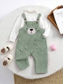 SHEIN Newborn Baby Girl Cute Versatile Autumn/Winter Corduroy Cartoon Print Bib & Overall - Green - View 3