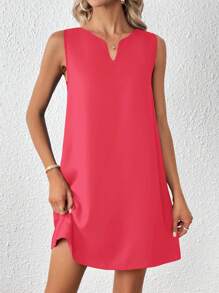 SHEIN Clasi 女士休闲纯色缺口领无袖连衣裙 - 玫紅色 - 查看 1