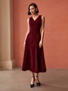 MOTF PREMIUM V-NECK FLARE HEM LONG DRESS WITHOUT BELT - Red - View 6