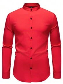 Manfinity Mode Men's Casual Solid Color Stand Collar Shirt, Autumn