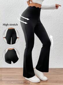 SHEIN Essnce Pantalones de mujer informales pantalón con pierna de campana, unicolor de cintura ancha, pantalones negros, jeans acampanados