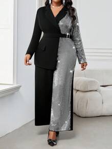 SHEIN Lady Autumn And Winter Elegant Plus SizeLong Sleeve Asymmetrical Lapel Sequins Black Sparkly Commuting Plus Size Jumpsuits Party Women Jumpsuits Sparkly Wedding Guest Dress Women Party Dresses For Women