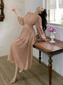 DAZY Đầm dài ngang gối cổ chữ V khoét rỗng tay phồng màu trơn cho nữ, thanh lịch, xếp ly, đầm tay dài, đầm maxi mùa thu. - Hồng - Xem 3