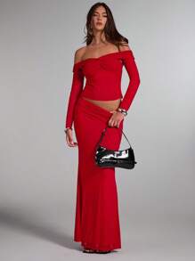 SHEIN BAE Blus Wanita Warna Polos Lengan Panjang Tanpa Bahu dengan Detail Lipatan di Bagian Depan, Model Pas Badan, Modis - Merah - View 4