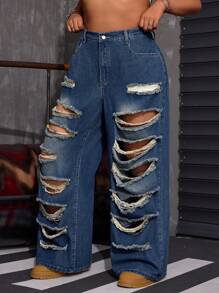 SHEIN ICON Jeans anchos de pierna ancha y desgastados para mujer de talla grande