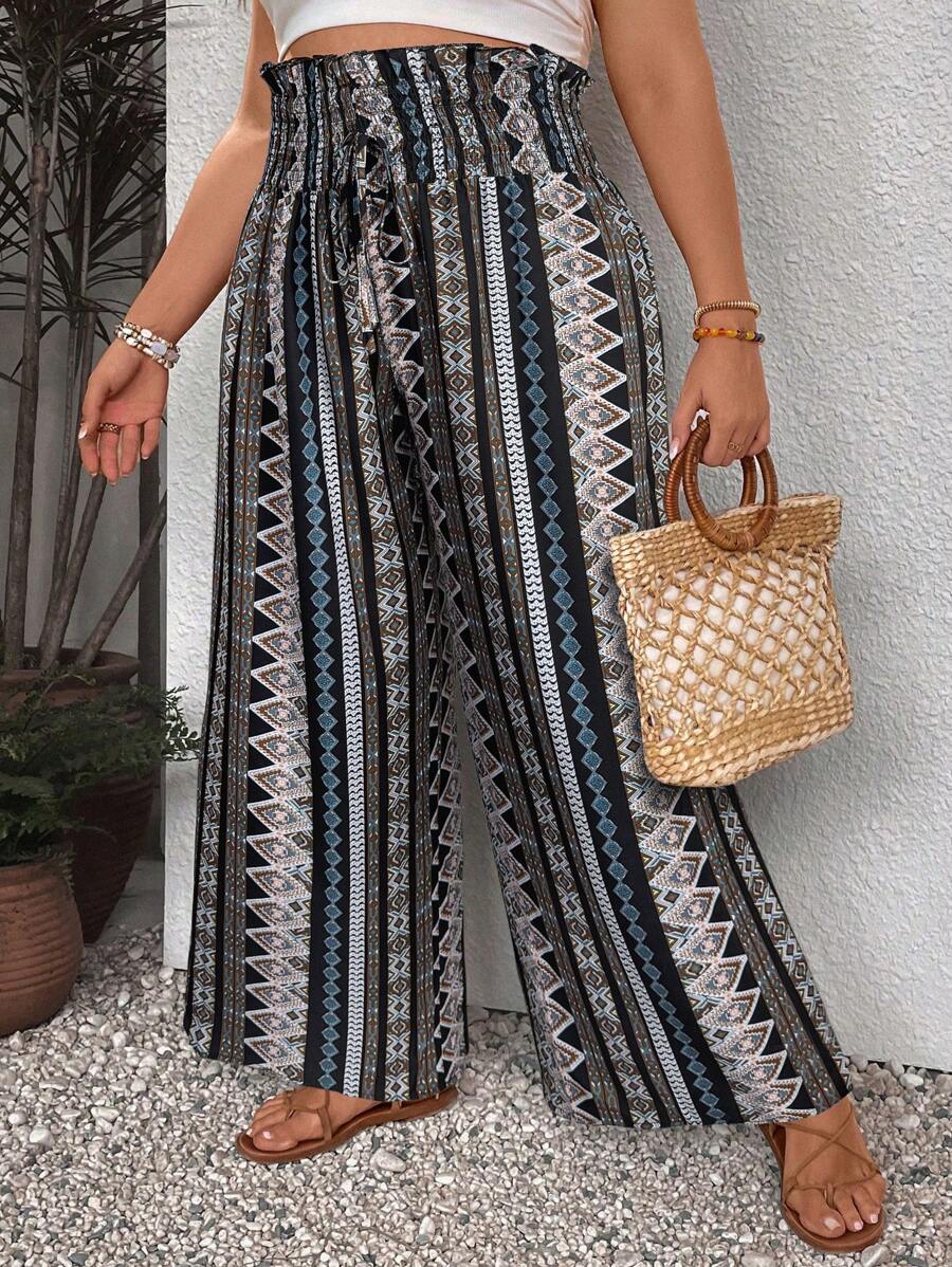 SHEIN VCAY Plus Geo Print Wide Leg Summer Pants - Black - View 1