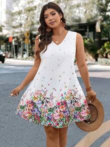 SHEIN LUNE 大码女式花卉印花 V 领无袖宽松休闲连衣裙夏季春装夏装女装春季服装度假服装女士 - 彩色 - 查看 3