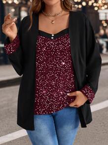 EMERY ROSE Plus Size Women's Black 2 In 1 Shirt, Autumn/Winter - Burgundy - View 1
