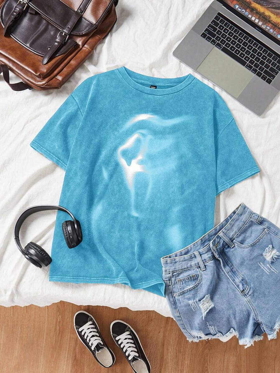 Muchica Women's Crew Neck Short Sleeve Printed Casual Tops, Everyday Wear - Blue - View 1