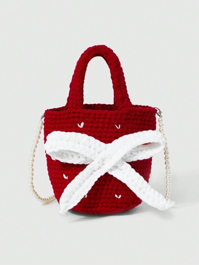 Kawaii Rot & Weiß Farbblockbeutel mit niedlicher Schleife, gestrickt für Schulter/Umhängetasche, Valentinstag