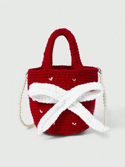 ROMWE Kawaii 红白拼色可爱蝴蝶结针织单肩包/斜挎包，情人节情人包