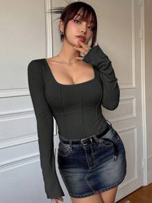 DAZY Áo thun nữ cổ tròn xẻ tà dài tay, phong cách tối giản và thời trang cho trang phục thường ngày, trang phục mùa thu - màu đen - Xem 2