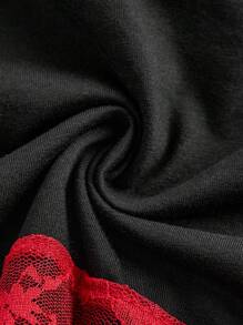 SHEIN ICON Women Round Neck Short Sleeve Lace Patchwork Casual Top, Everyday Wear - Black - View 4