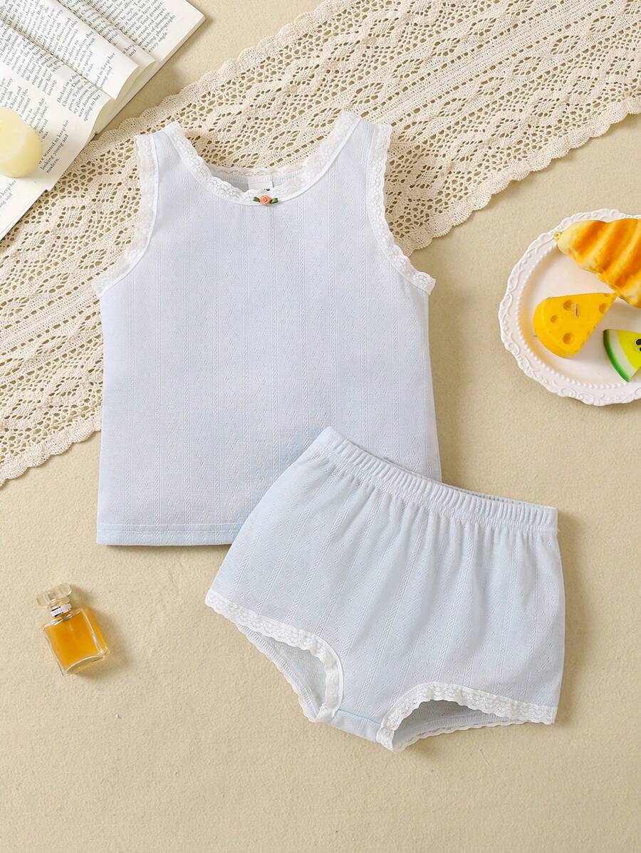 2pcs Young Girl Minimalist & Lovely Jacquard Vest & Square Leg Shorts Underwear Set